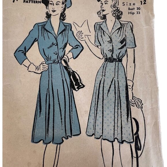 40s Advance Sewing Pattern 2894 Shirtwaist Dress Size 12 Bust 30" Bust Unprinted - Picture 3 of 7